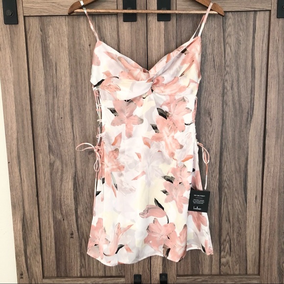 Lulus My Flirty Side Pink Floral Print Satin Lace-Up Mini Slip Dress - Picture 2 of 5